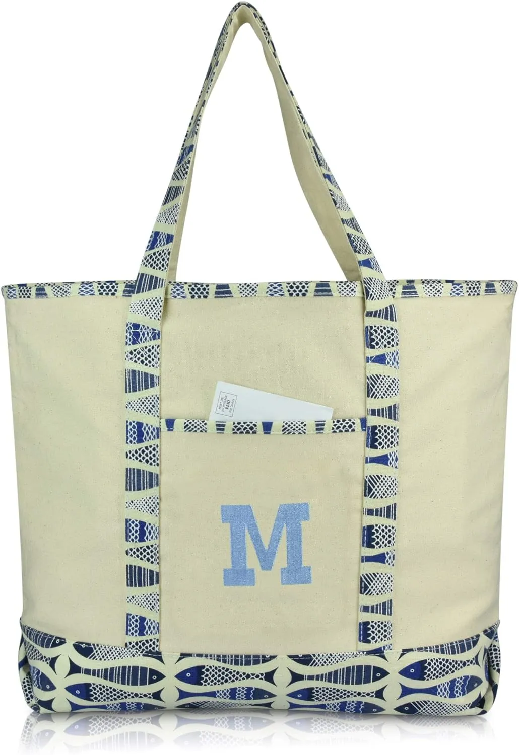DALIX Initial Tote Bag Personalized Monogram Blue Antique Fish Zippered Top Bold Letter - M