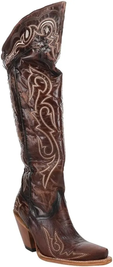 Dan Post Womens Kommotion Embroidered Snip Toe Zippered Casual Boots Over the Knee High Heel 3" & Up - Brown