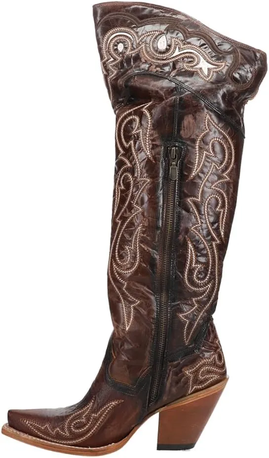 Dan Post Womens Kommotion Embroidered Snip Toe Zippered Casual Boots Over the Knee High Heel 3" & Up - Brown