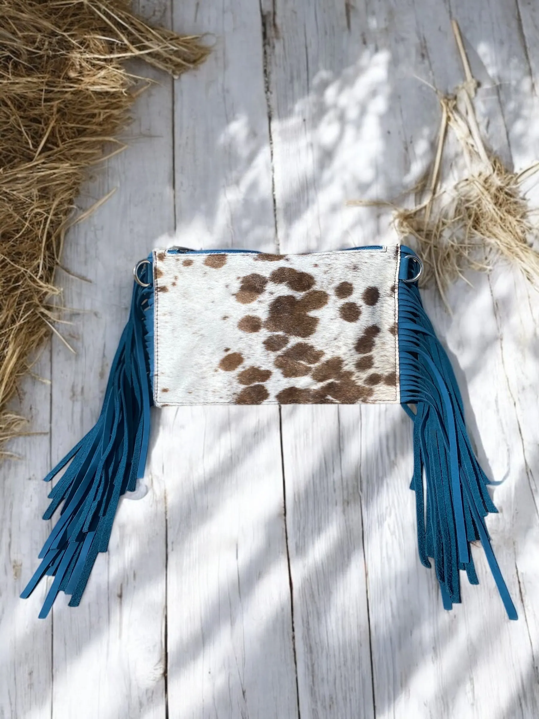 Dark Blue Fringe Cowhide Crossbody