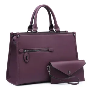 Dasein Faux Leather Briefcase Purple Satchel with Matching Accessory Pouch (Women's)