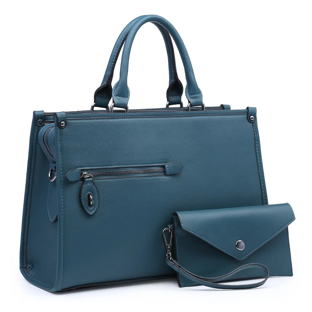 Dasein Faux Leather Briefcase Teal Satchel with Matching Accessory Pouch (Women's)