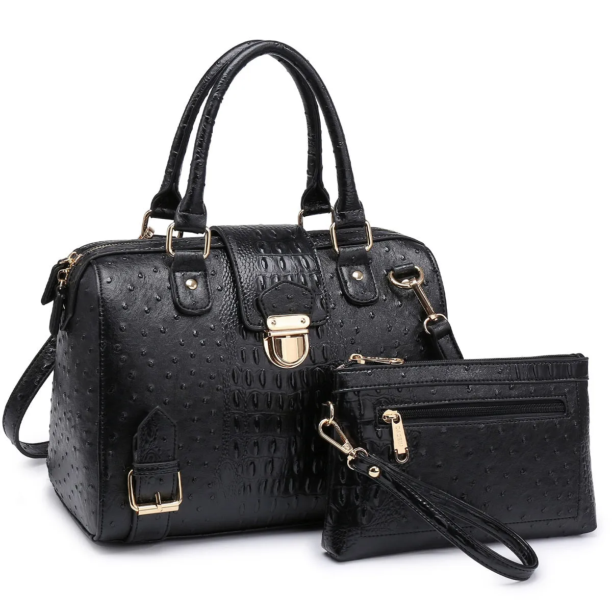 Dasein Ostrich embossed/accented Satchel with Zip Top Closure and Matching Wristlet (T-C)
