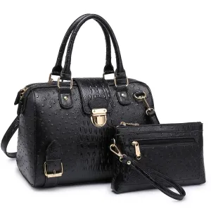 Dasein Ostrich embossed/accented Satchel with Zip Top Closure and Matching Wristlet (T-C)