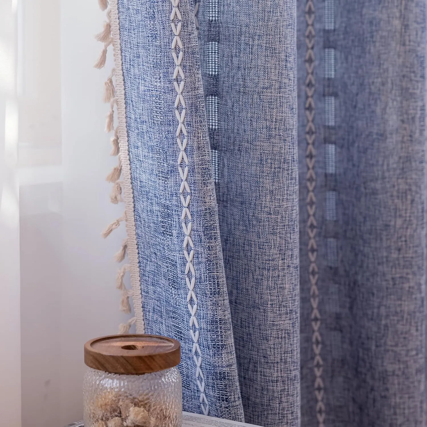 Deeprove Denim Blue Boho Curtain 63 inches Length for Living Room Bedroom Office, American Classic Bohemian Sheer 63 inches Long Stripe Embroidery Privacy Window Tassel Decor W52 x L63, 1 Panel