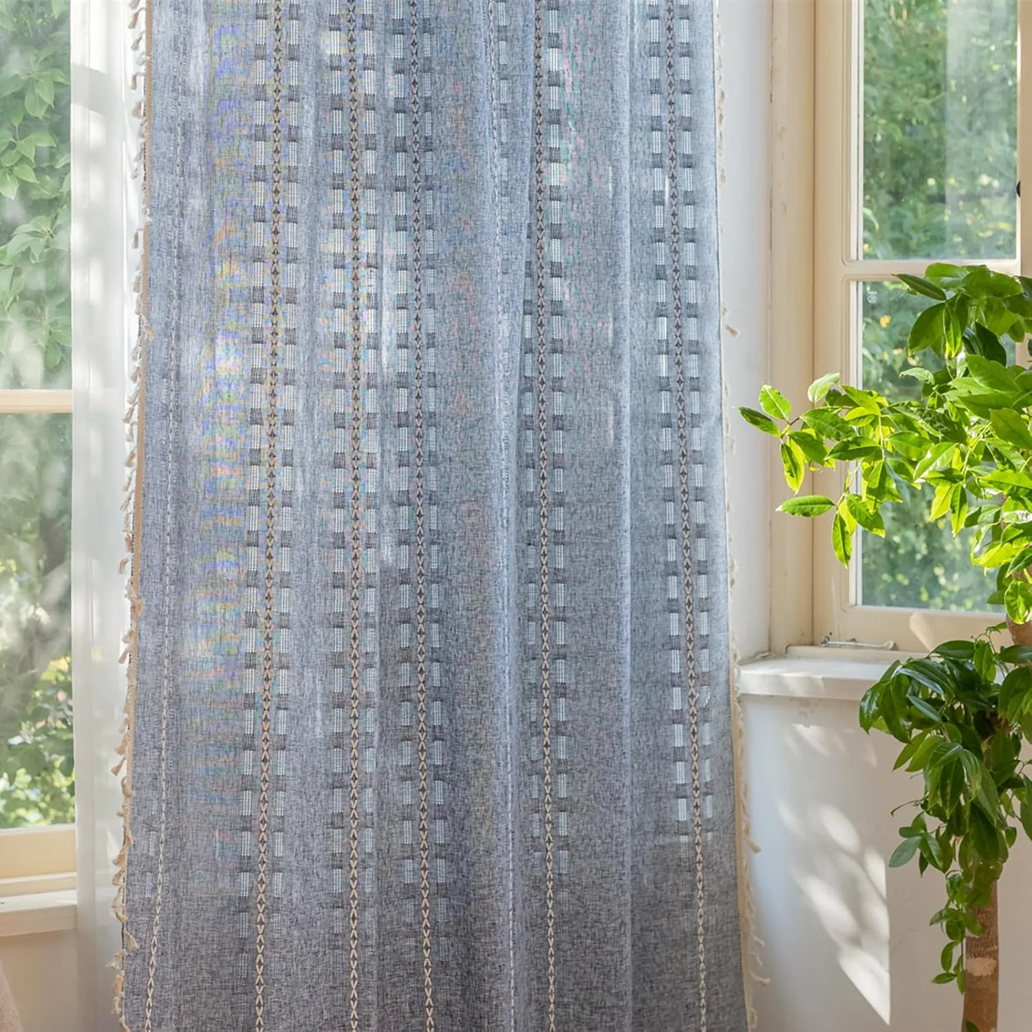 Deeprove Denim Blue Boho Curtain 63 inches Length for Living Room Bedroom Office, American Classic Bohemian Sheer 63 inches Long Stripe Embroidery Privacy Window Tassel Decor W52 x L63, 1 Panel