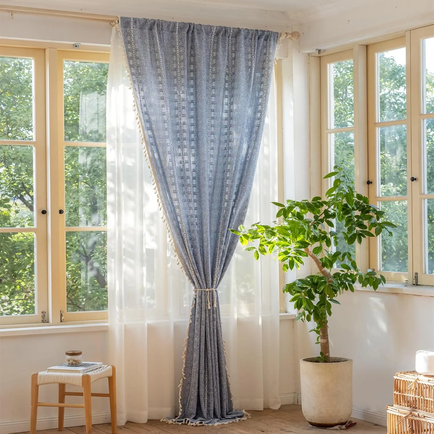 Deeprove Denim Blue Boho Curtain 63 inches Length for Living Room Bedroom Office, American Classic Bohemian Sheer 63 inches Long Stripe Embroidery Privacy Window Tassel Decor W52 x L63, 1 Panel