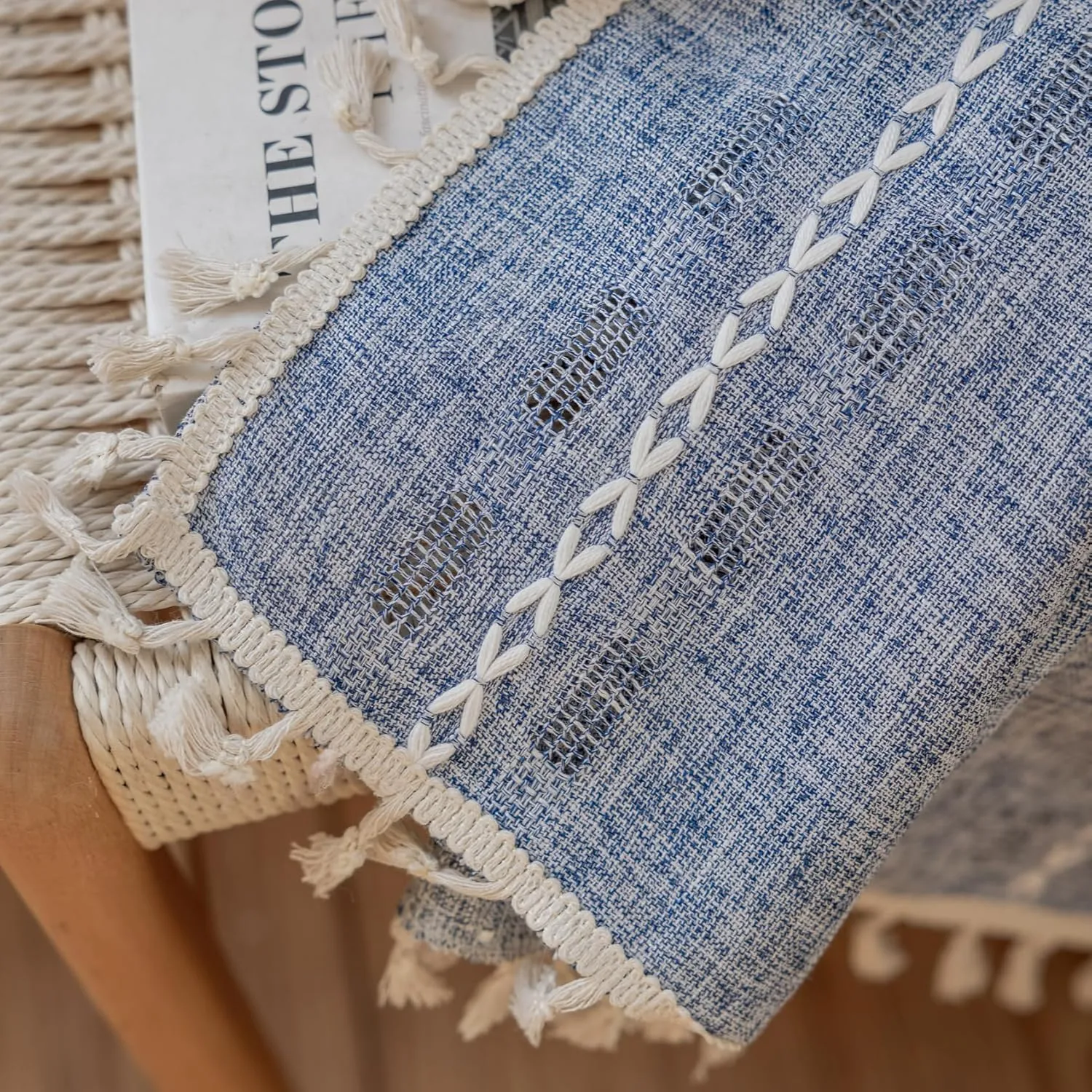 Deeprove Denim Blue Boho Curtain 63 inches Length for Living Room Bedroom Office, American Classic Bohemian Sheer 63 inches Long Stripe Embroidery Privacy Window Tassel Decor W52 x L63, 1 Panel