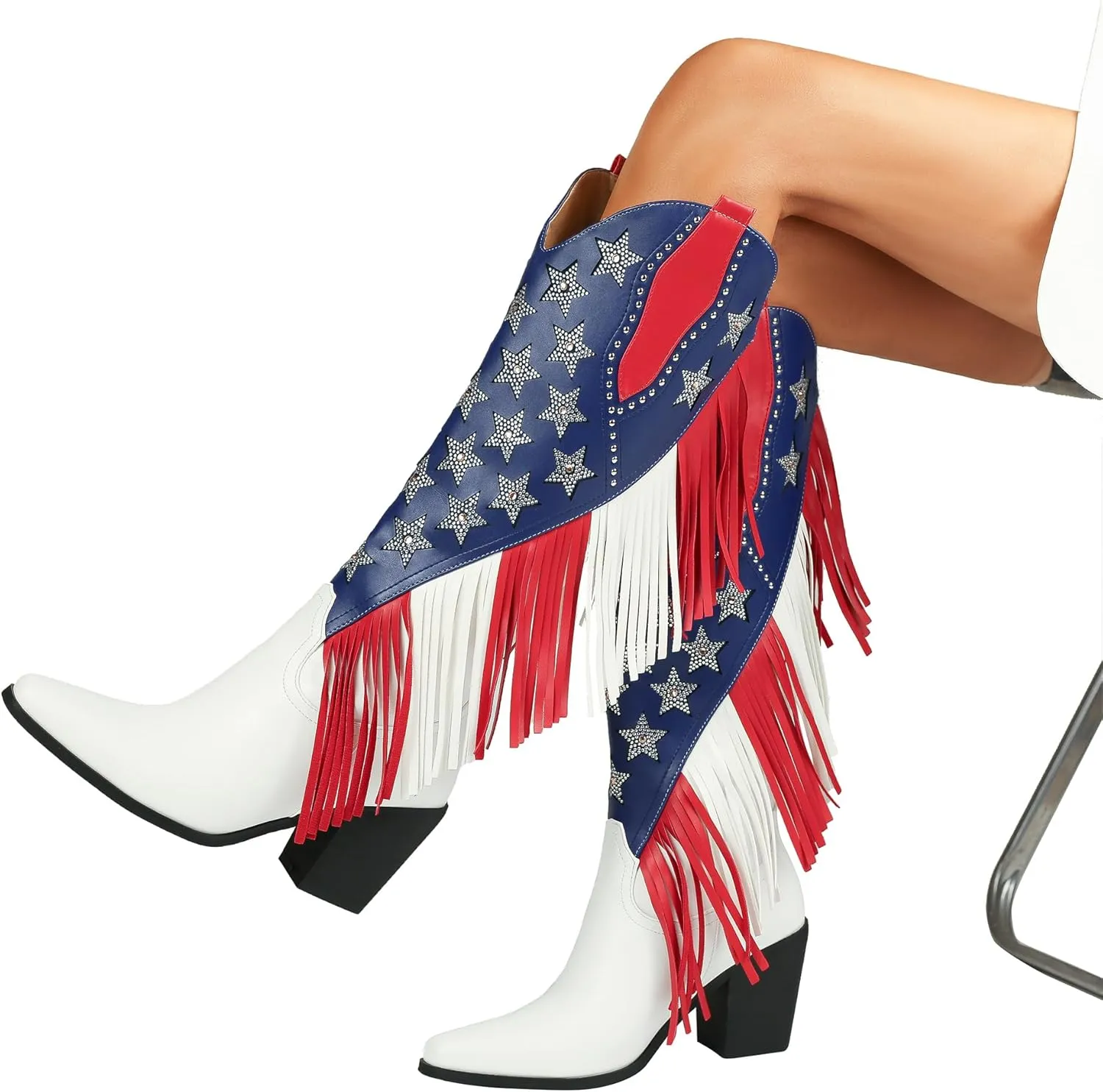 DETOGNI Women's Fringes American Flag Mid-Calf Western Boots Sparkling Stars Rhinestones Tassels Chunky Heels Cowboy Boots