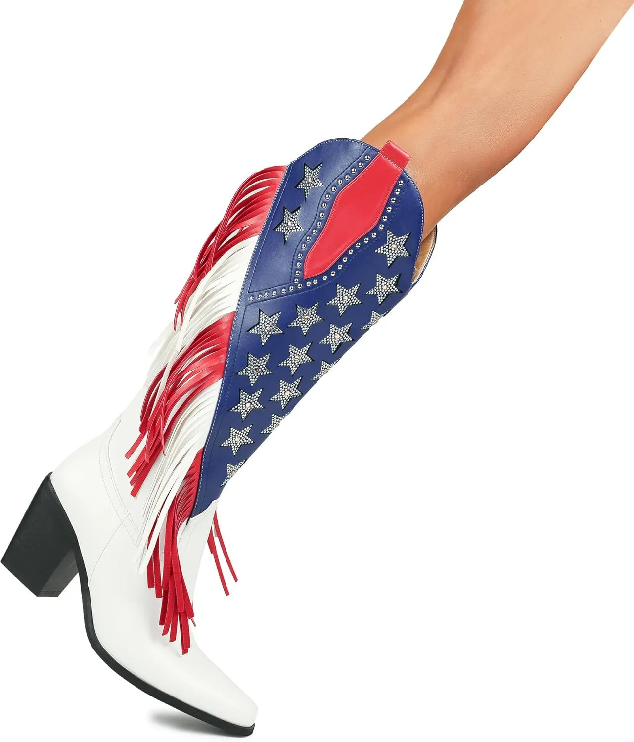 DETOGNI Women's Fringes American Flag Mid-Calf Western Boots Sparkling Stars Rhinestones Tassels Chunky Heels Cowboy Boots