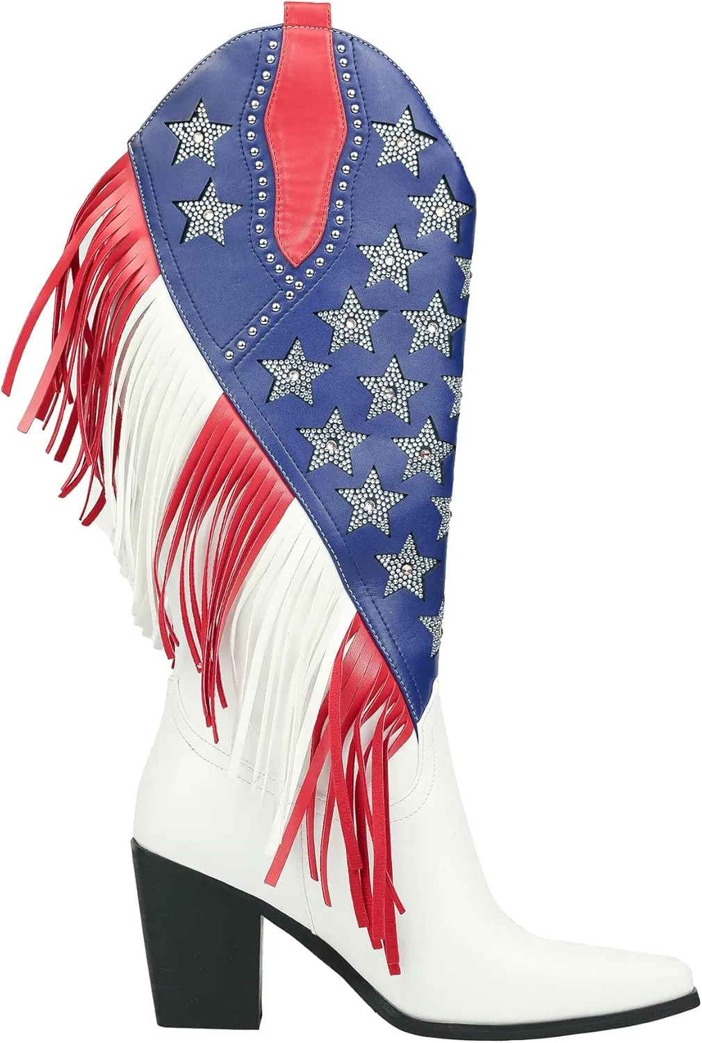 DETOGNI Women's Fringes American Flag Mid-Calf Western Boots Sparkling Stars Rhinestones Tassels Chunky Heels Cowboy Boots