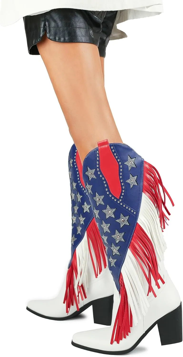 DETOGNI Women's Fringes American Flag Mid-Calf Western Boots Sparkling Stars Rhinestones Tassels Chunky Heels Cowboy Boots