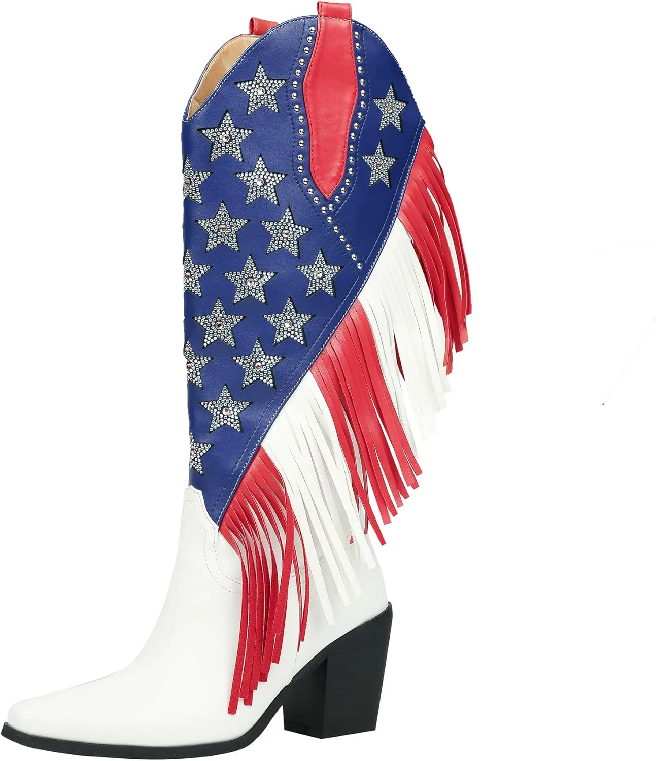 DETOGNI Women's Fringes American Flag Mid-Calf Western Boots Sparkling Stars Rhinestones Tassels Chunky Heels Cowboy Boots