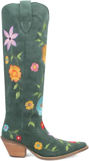 Dingo Womens Flower Power Embroidered Floral Snip Toe Pull On Casual Boots Over the Knee Mid Heel 2-3" - Green