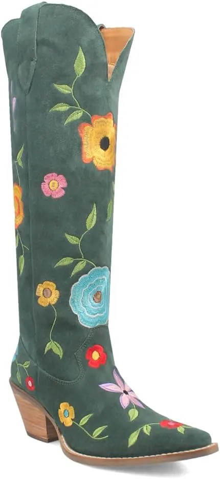 Dingo Womens Flower Power Embroidered Floral Snip Toe Pull On Casual Boots Over the Knee Mid Heel 2-3" - Green