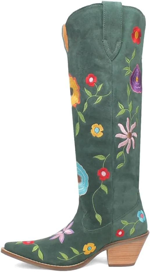 Dingo Womens Flower Power Embroidered Floral Snip Toe Pull On Casual Boots Over the Knee Mid Heel 2-3" - Green