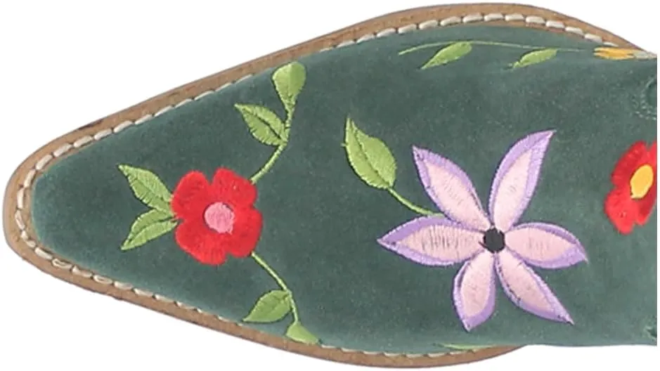 Dingo Womens Flower Power Embroidered Floral Snip Toe Pull On Casual Boots Over the Knee Mid Heel 2-3" - Green