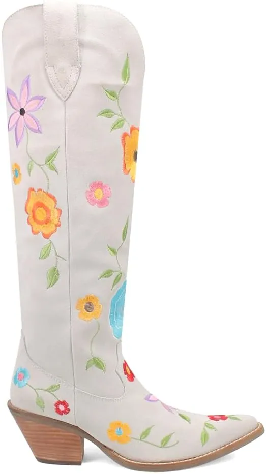 Dingo Womens Flower Power Embroidered Floral Snip Toe Pull On Casual Boots Over the Knee Mid Heel 2-3" - Off White