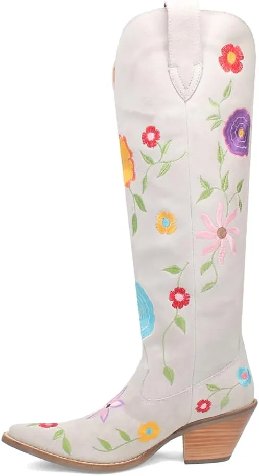 Dingo Womens Flower Power Embroidered Floral Snip Toe Pull On Casual Boots Over the Knee Mid Heel 2-3" - Off White