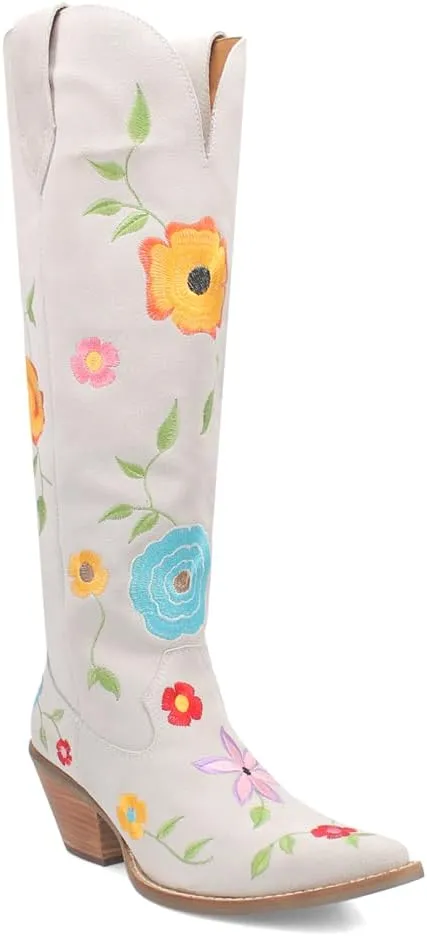Dingo Womens Flower Power Embroidered Floral Snip Toe Pull On Casual Boots Over the Knee Mid Heel 2-3" - Off White