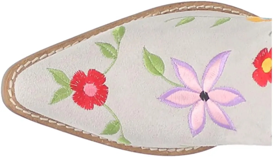 Dingo Womens Flower Power Embroidered Floral Snip Toe Pull On Casual Boots Over the Knee Mid Heel 2-3" - Off White