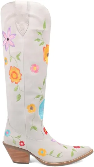 Dingo Womens Flower Power Embroidered Floral Snip Toe Pull On Casual Boots Over the Knee Mid Heel 2-3" - Off White