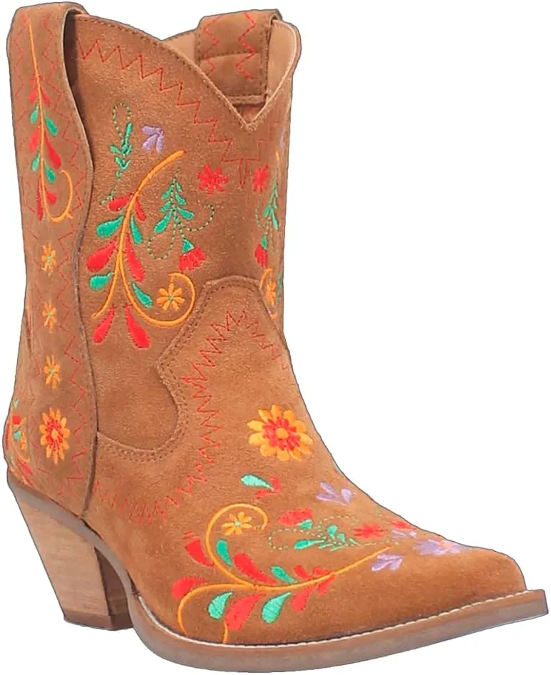 Dingo Womens Sugar Bug Floral Embroidery Round Toe Casual Boots Ankle Mid Heel 2-3" - Black