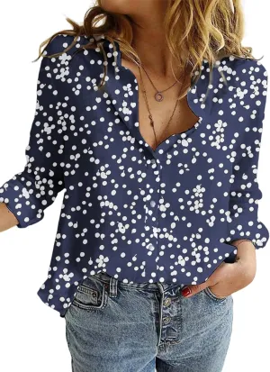 Dokotoo Women's Casual V Neck Alicia Floral Print Roll Up Long Sleeve Chiffon Button Down Blouses Bohemian Top Shirts