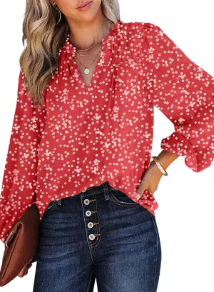 Dokotoo Women's Casual V Neck Alicia Floral Print Smocked Long Sleeve Chiffon Blouses Bohemian Top Shirts