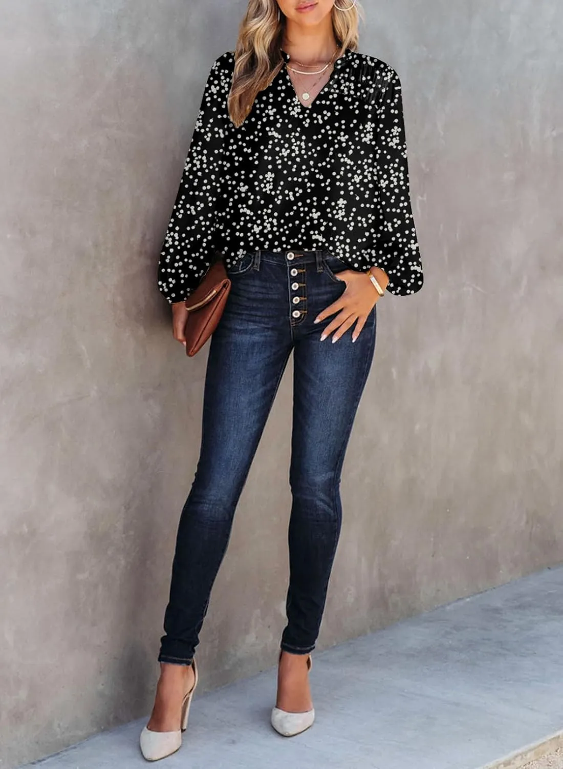 Dokotoo Women's Casual V Neck Alicia Floral Print Smocked Long Sleeve Chiffon Blouses Bohemian Top Shirts