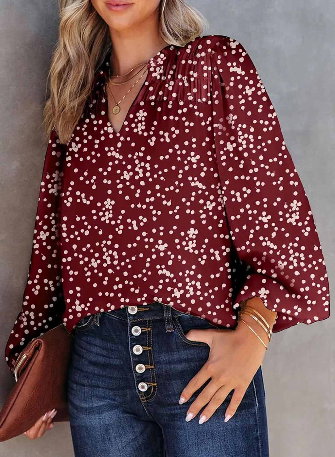 Dokotoo Women's Casual V Neck Alicia Floral Print Smocked Long Sleeve Chiffon Blouses Bohemian Top Shirts