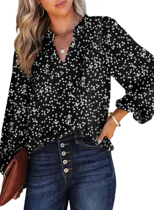 Dokotoo Women's Casual V Neck Alicia Floral Print Smocked Long Sleeve Chiffon Blouses Bohemian Top Shirts