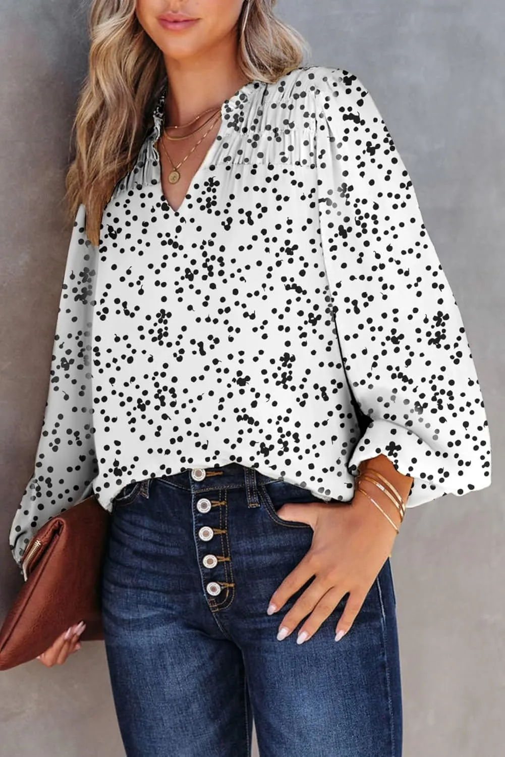 Dokotoo Women's Casual V Neck Alicia Floral Print Smocked Long Sleeve Chiffon Blouses Bohemian Top Shirts