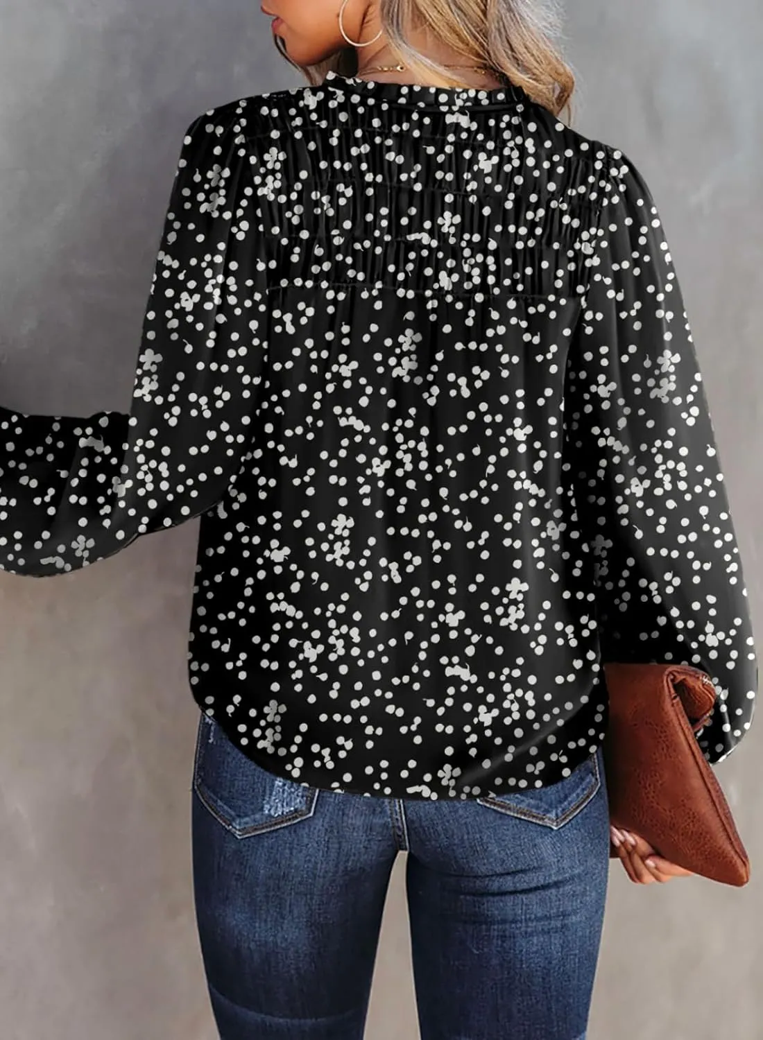 Dokotoo Women's Casual V Neck Alicia Floral Print Smocked Long Sleeve Chiffon Blouses Bohemian Top Shirts