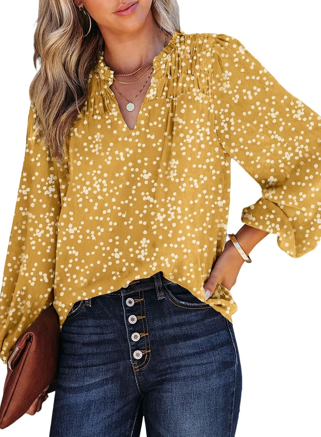Dokotoo Women's Casual V Neck Alicia Floral Print Smocked Long Sleeve Chiffon Blouses Bohemian Top Shirts