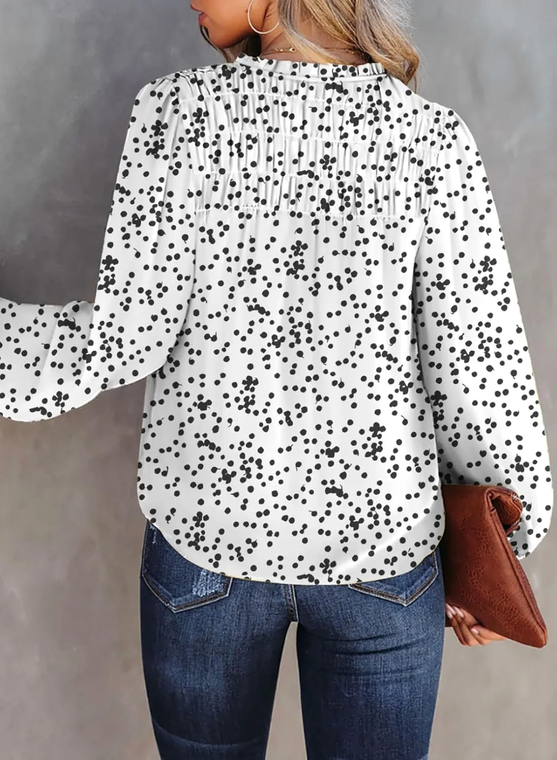 Dokotoo Women's Casual V Neck Alicia Floral Print Smocked Long Sleeve Chiffon Blouses Bohemian Top Shirts