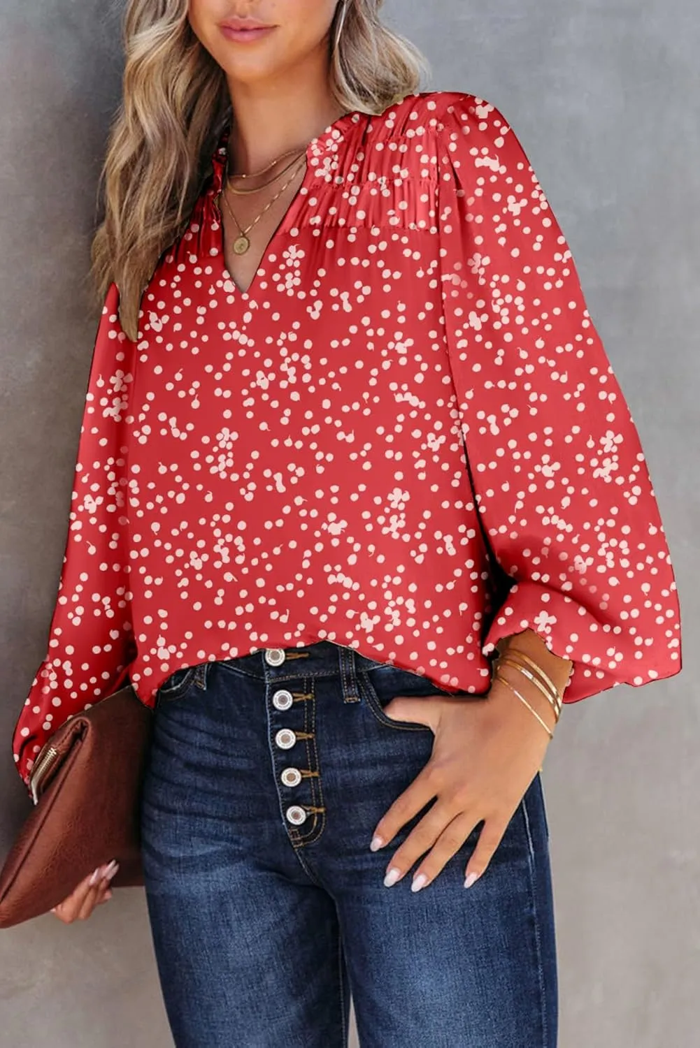 Dokotoo Women's Casual V Neck Alicia Floral Print Smocked Long Sleeve Chiffon Blouses Bohemian Top Shirts