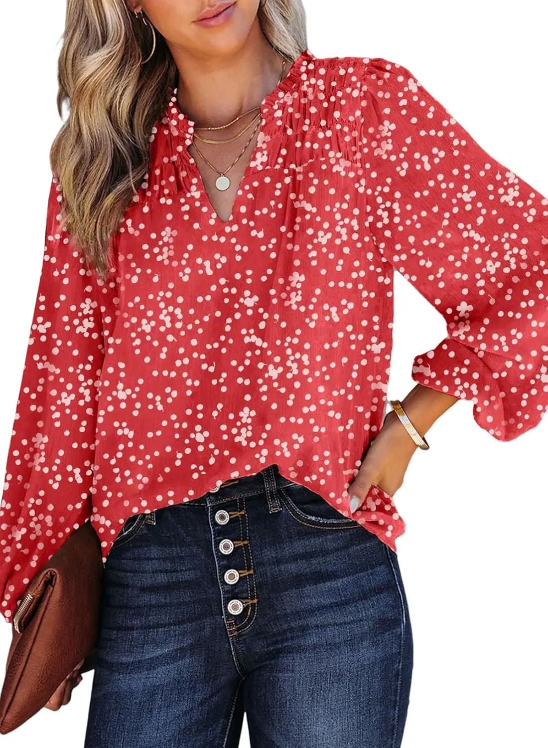 Dokotoo Women's Casual V Neck Alicia Floral Print Smocked Long Sleeve Chiffon Blouses Bohemian Top Shirts