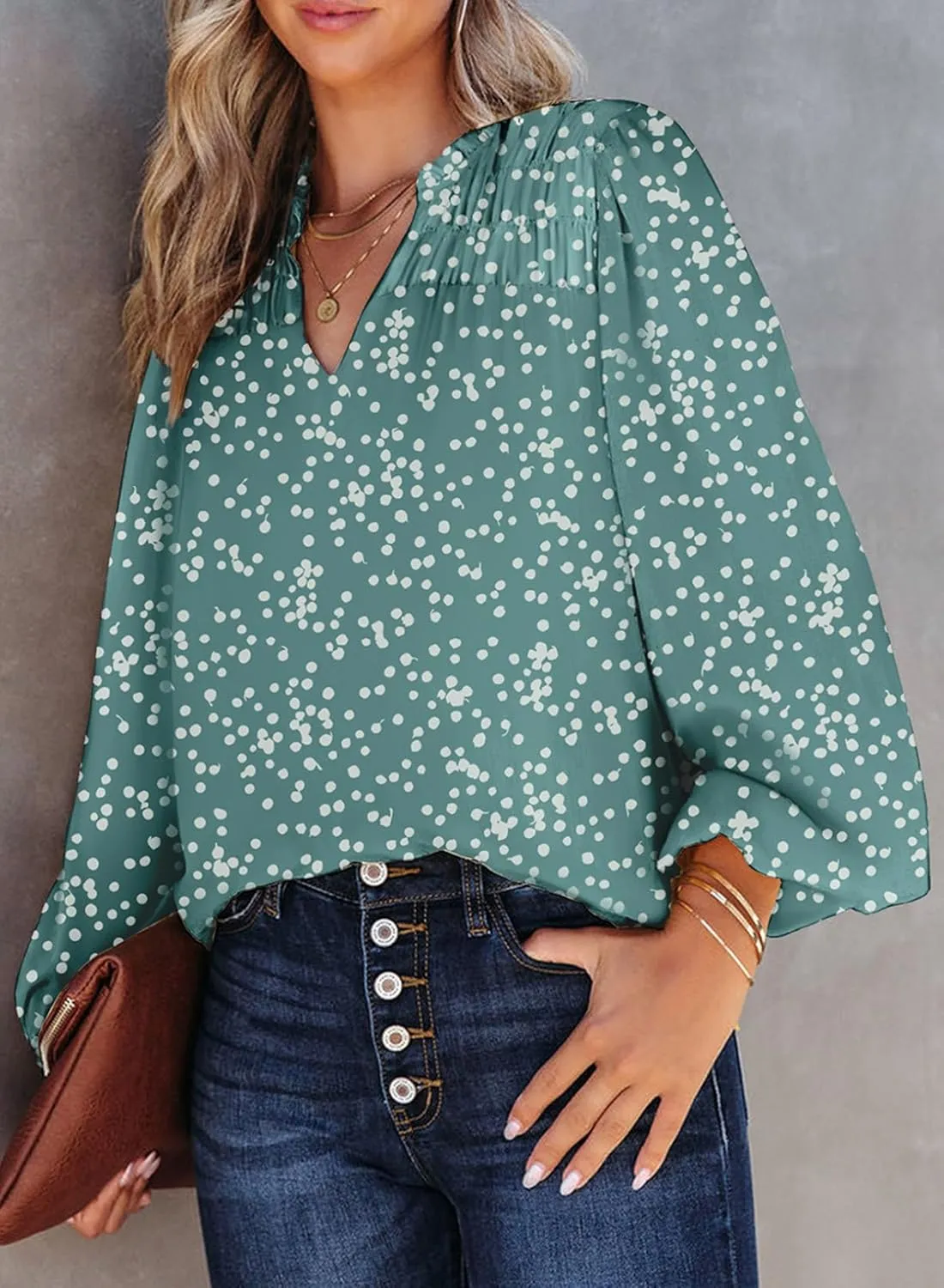 Dokotoo Women's Casual V Neck Alicia Floral Print Smocked Long Sleeve Chiffon Blouses Bohemian Top Shirts