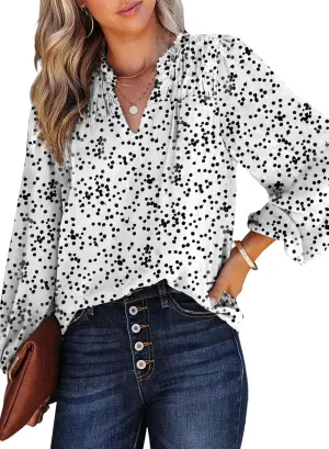 Dokotoo Women's Casual V Neck Alicia Floral Print Smocked Long Sleeve Chiffon Blouses Bohemian Top Shirts