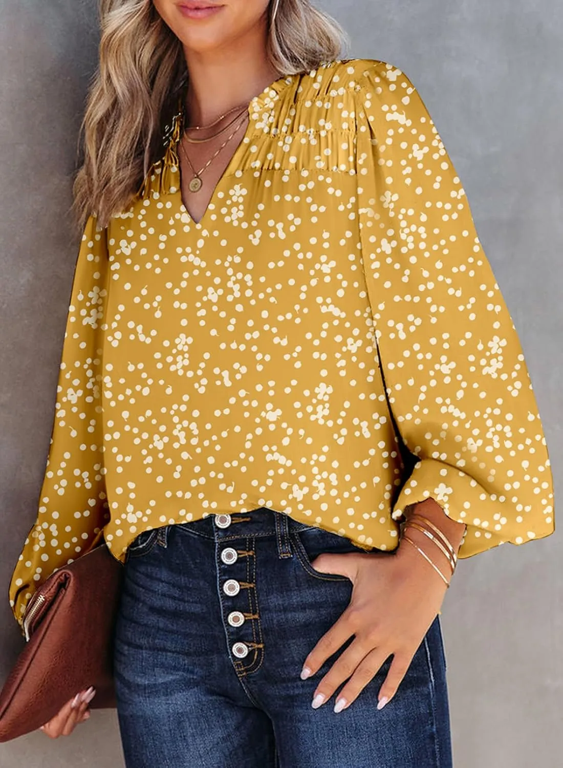 Dokotoo Women's Casual V Neck Alicia Floral Print Smocked Long Sleeve Chiffon Blouses Bohemian Top Shirts