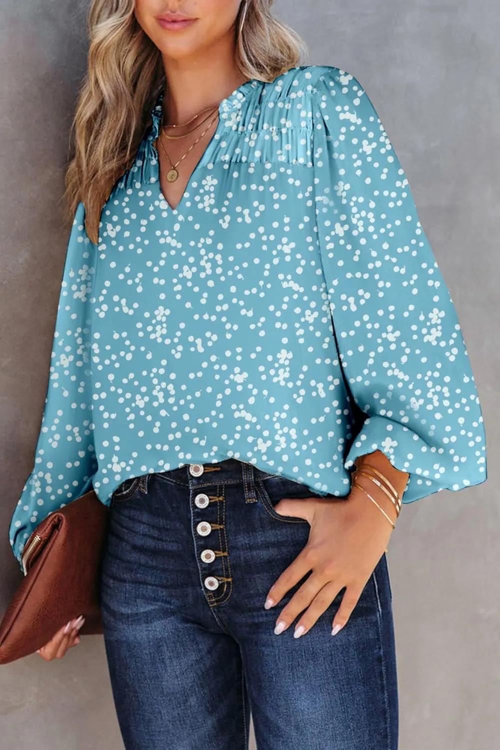Dokotoo Women's Casual V Neck Alicia Floral Print Smocked Long Sleeve Chiffon Blouses Bohemian Top Shirts