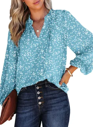 Dokotoo Women's Casual V Neck Alicia Floral Print Smocked Long Sleeve Chiffon Blouses Bohemian Top Shirts