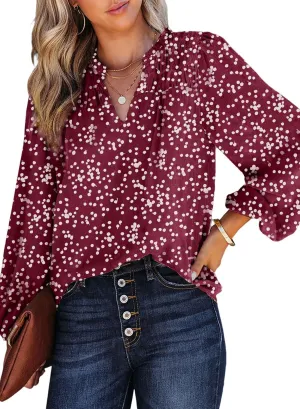 Dokotoo Women's Casual V Neck Alicia Floral Print Smocked Long Sleeve Chiffon Blouses Bohemian Top Shirts