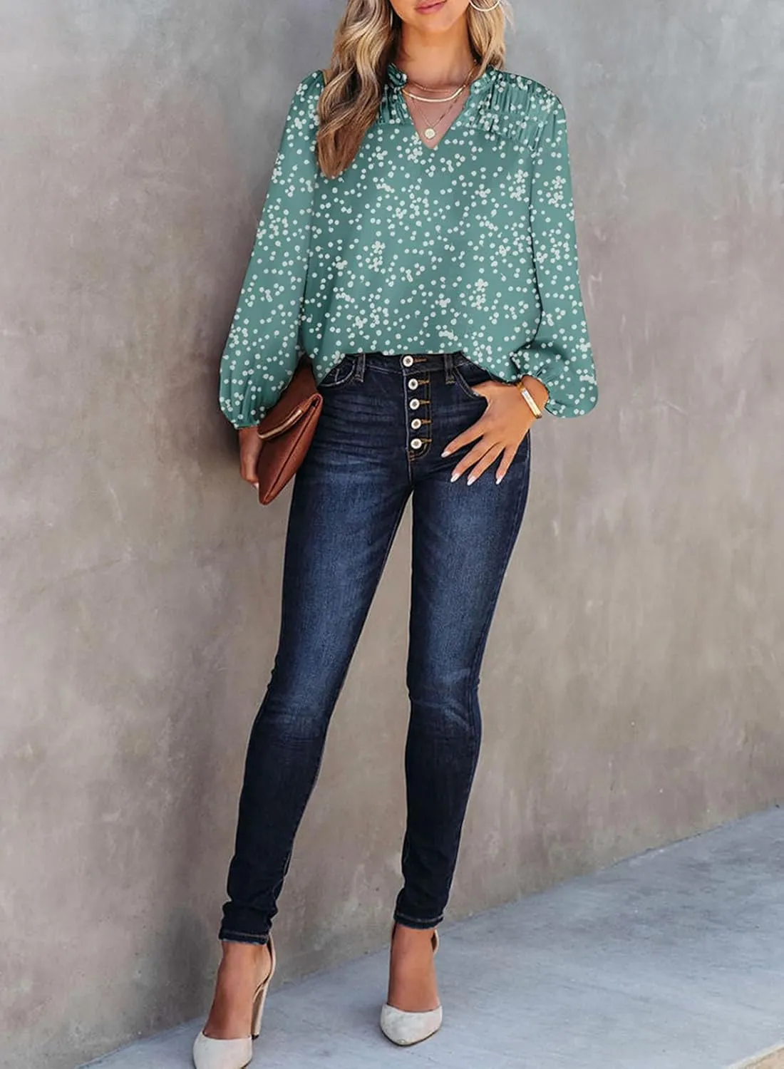 Dokotoo Women's Casual V Neck Alicia Floral Print Smocked Long Sleeve Chiffon Blouses Bohemian Top Shirts