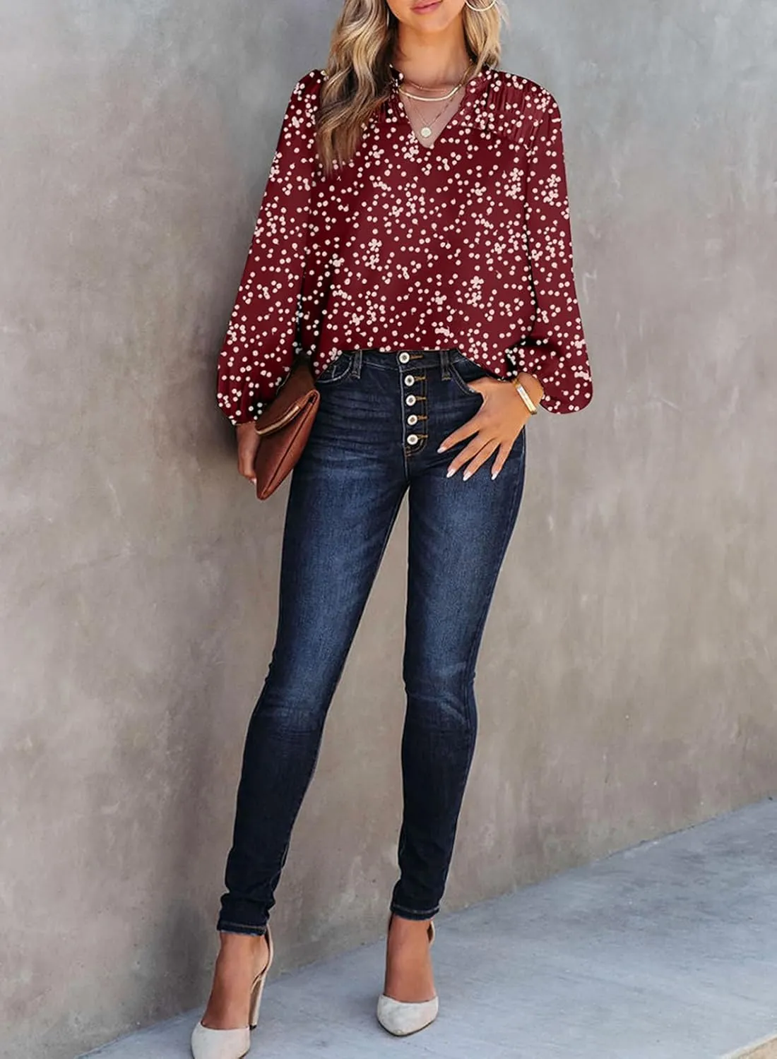 Dokotoo Women's Casual V Neck Alicia Floral Print Smocked Long Sleeve Chiffon Blouses Bohemian Top Shirts