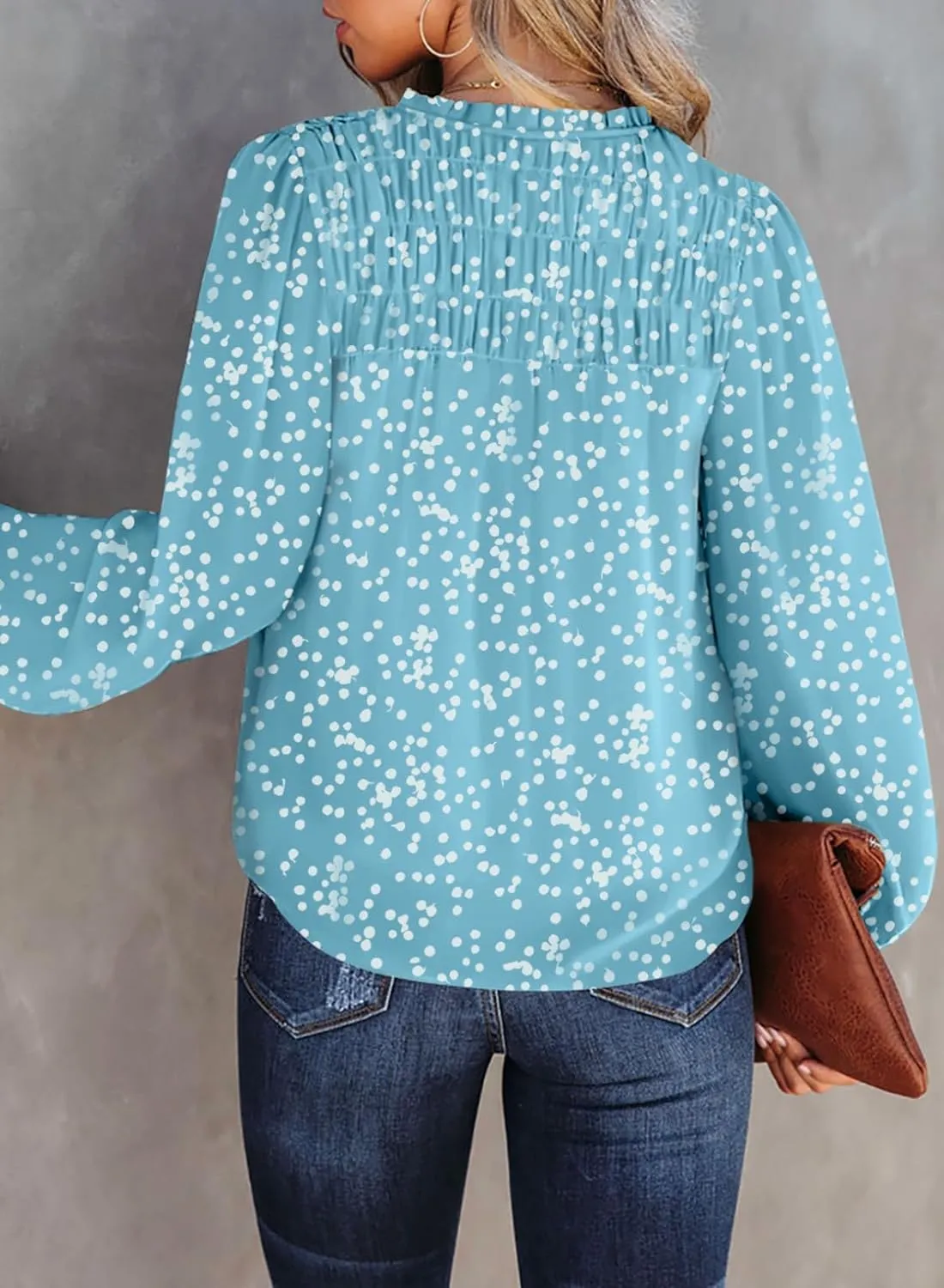 Dokotoo Women's Casual V Neck Alicia Floral Print Smocked Long Sleeve Chiffon Blouses Bohemian Top Shirts