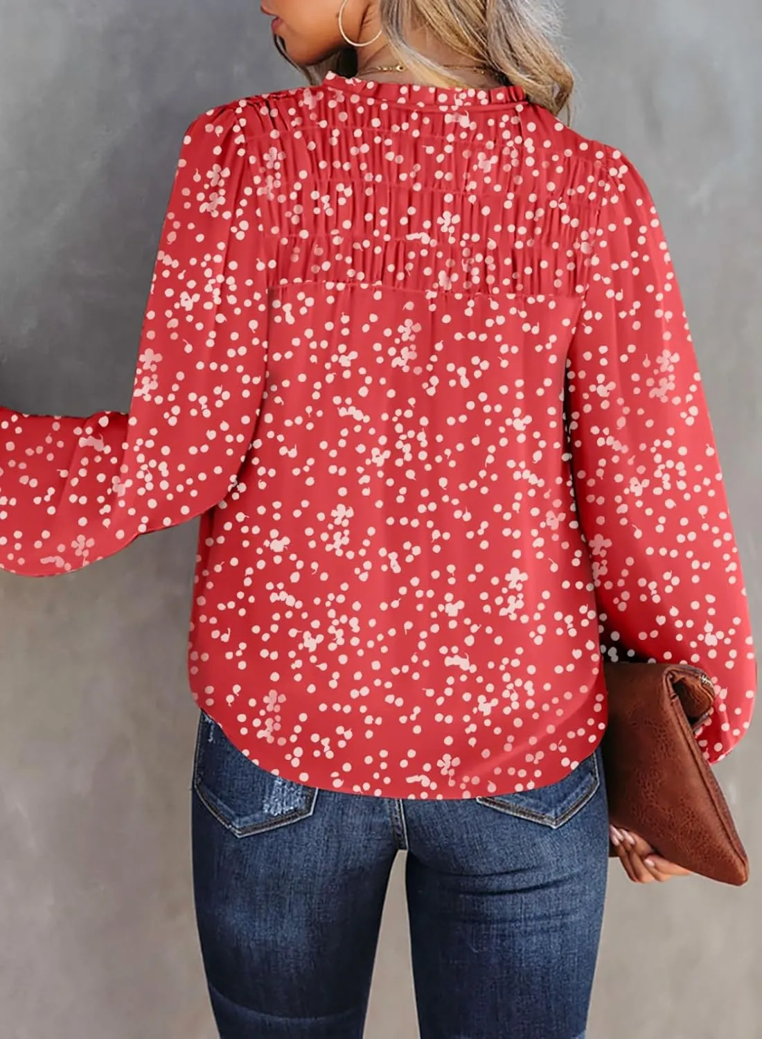 Dokotoo Women's Casual V Neck Alicia Floral Print Smocked Long Sleeve Chiffon Blouses Bohemian Top Shirts