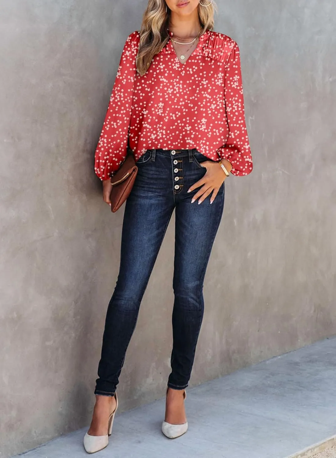 Dokotoo Women's Casual V Neck Alicia Floral Print Smocked Long Sleeve Chiffon Blouses Bohemian Top Shirts