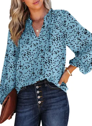 Dokotoo Women's Casual V Neck Alicia Floral Print Smocked Long Sleeve Chiffon Blouses Bohemian Top Shirts